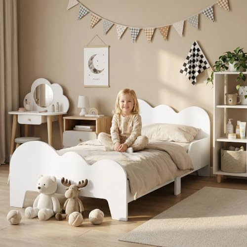 AIYAPLAY Toddler Bed Cloud-Themed Kids Bed Frame Ages 3-8 Years White | Safety Rails, Kids Bedroom Furniture