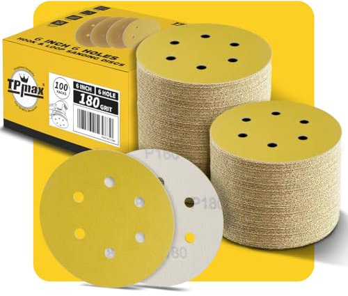 100PCS 150mm 180 Grit 6 inch 6 Hole Sanding Discs Sandpaper - Premium Gold Round Hook and Loop for Random Orbital Sander - Ideal for Wood, Metal, Automotive