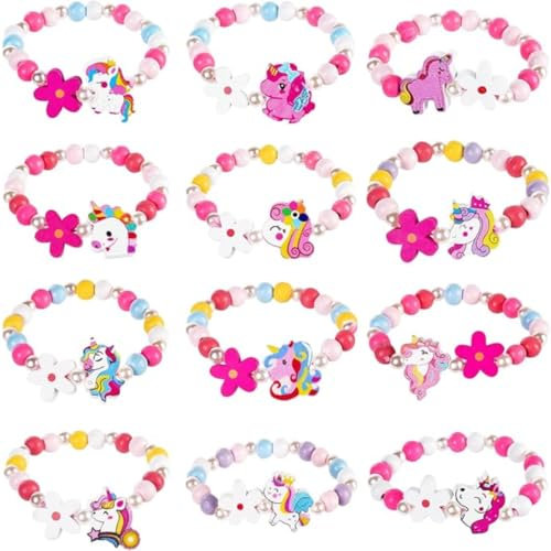 WUSJCOF Lot de 12 bracelets en bois pour filles, bijoux pour enfants faits à la main, licorne fleurs papillons d'amitié bijoux pour enfants, cadeaux pour filles d'anniversaire (multicolores)