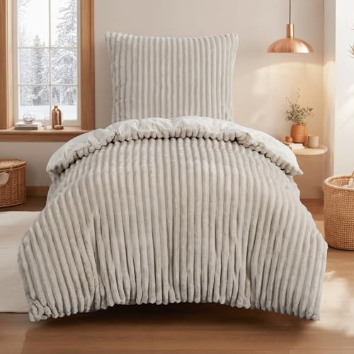 Aisbo Winter Warm bettwäsche 155x220 2teilig Beige - Cord Flauschige Flanell Winterbettwäsche Plüsch Teddy Fleece Cashmere Touch Bettbezug und Kissenbezug 80x80 cm mit Reißverschluss