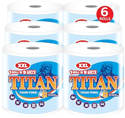 Titan XXL Jumbo Kitchen Roll – 340 Sheets, 2-Ply Ultra Strong, Absorbent & Thick Multipurpose Kitchen Paper Towels (6)
