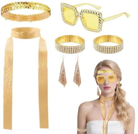 SAIIURV 7 Stück 1970er Jahre Disco Zubehör, Glitzer Haarbänder Ohrringe Schal Strass Sonnenbrille Armband, Disco Accessoires 70er 80er Jahre Outfit Damen für Fasching Karneval Kostüm (Gold)