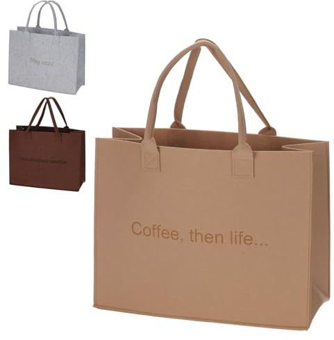 Murago - Filztasche Beige mit Spruch - Coffee, then life - Einkaufstasche Damen Herren groß 26L Shopper aus Filz formstabil robust Handtasche für Alltag Büro Freizeit Aufbewahrung im Auto Braun