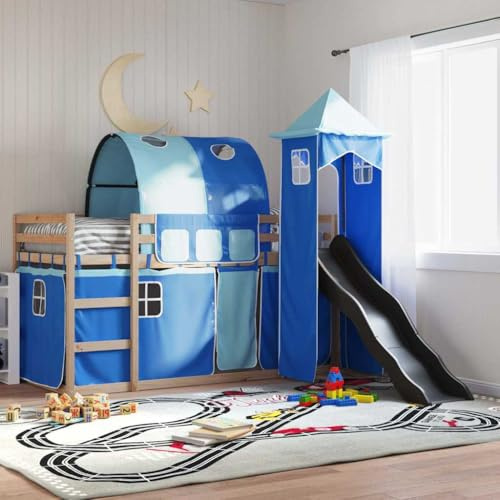 Tonture Etagenbett mit Rutsche, Gardinen Blau, Massivholz Kiefer, 90x190 cm Kinderbett, Abenteuer Spielbett für Kinderzimmer, Robustes Hochbett mit Rausfallschutz, Komplettset
