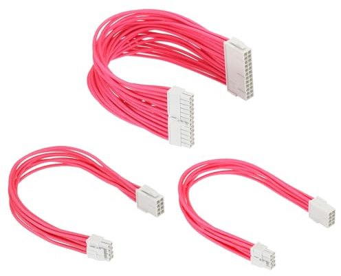 PATIKIL Power Supply Extension Cable Kit 30cm 18AWG, 1 Set ATX 24-P+8-P+PCI-E 8-P(4+4) PSU Cable Extension Sleeved Kit for PSU to Motherboard GPU, Pink White