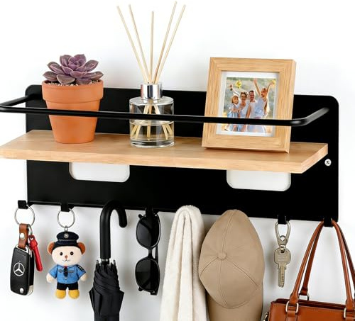 DifenzuSJ Schlüsselbrett Holz mit Ablage, Schwarzer Schlüsselhalter Wand Organizer, 8 Haken Schlüsselablage mit Ablagefach, Dekoratives Schlüsselablage für Eingang Flur Wohnzimmer Schlafzimmer