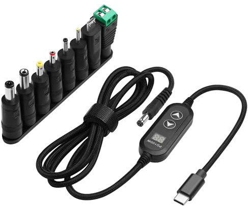 ELFJMZP Cable USB-C a CC con Pantalla, Voltaje Ajustable 5V/9V/12V/15V/20V, Cable de Gatillo PD Trenzado de 1,2m, Incluye 8 Adaptadores para Ordenador Portátil, Router, Módem, Altavoz