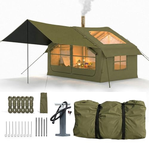 HAUSPROFI Aufblasbares Zelt für 2-4 Personen, Campingzelt mit Dachfenster & Kaminöffnung & Luftpumpe, Outdoor Zelt aus Wasserdichtem Oxford-Stoff, Schneller Aufbau, Grün