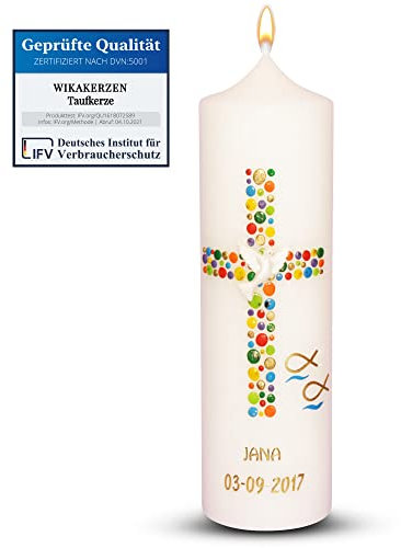 WikaKerzen Taufkerze Kommunionkerze Mädchen Junge mit Name und Datum 25x8cm mm Taufe Kerze Kreuz-Kreise-16