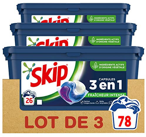 Skip Ultimate Lessive 3 en 1 Capsules Fraîcheur Intense 78 Lavages (Lot de 3 x 26 Capsules)