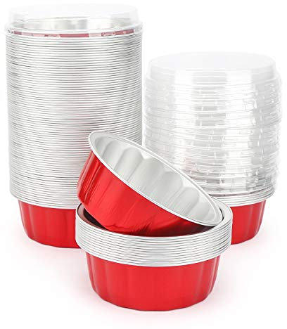 Beasea Ramequines desechables de 8 onzas con tapas, paquete de 50 vasos de papel de aluminio para fiestas, bodas, cumpleaños, color rojo