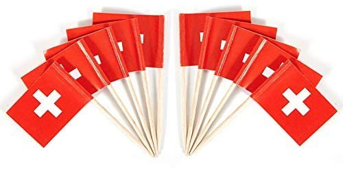 JAVD CYPS 100 Stück Schweiz-Flagge mit schweizer Flaggen, kleine Mini-Sticks, Cupcake-Aufsätze, Schweizer Flaggen, Länderspieße, Party-Dekoration, Feier, Cocktail, Essen, Bar, Kuchenflaggen
