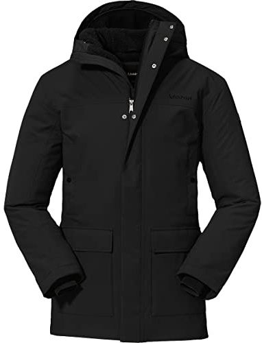 Schöffel Herren Ins. Parka Rotterdam M, wind- und wasserdichter Herren Parka mit Teddyfutter, Wintermantel mit 4-Wege-Stretch und Kopfhörerausgang, black, 50