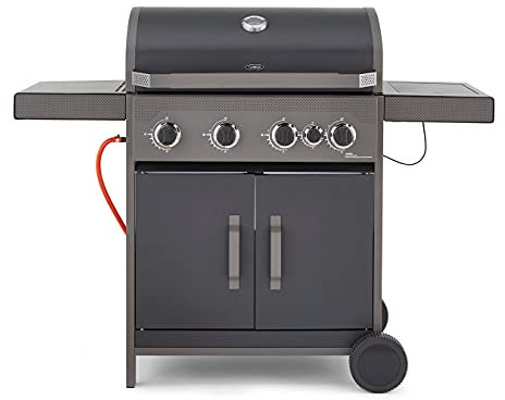 Tower T978502 Stealth 4000 5 Burner 4+1 Porcelain Gas BBQ, Including Side Burner, Side Table, Precision Thermometer and Cabinets, Black
