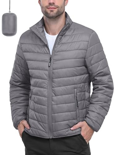 Outdoor Ventures Men's Packable Puffer Jacket Insulated Lightweight Puffy Coat Warm Portable Padded Water Resistant Jacket for Hiking Travelling Camping Grey M