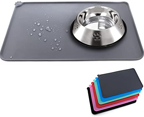 SUOXU Pet Feeding Mat,Waterproof & Non Slip Silicone Bowl Mat,for Dog Feeding Bowl and Water Bowls Pet Food Mat for Medium and Large Dogs(54x38cm, Grey)
