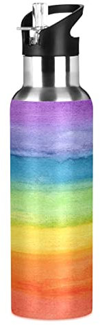 Mnsruu Thermo-Trinkflasche aus Edelstahl, mit Strohhalm, bunt, gestreift, Regenbogenfarben, 590 ml