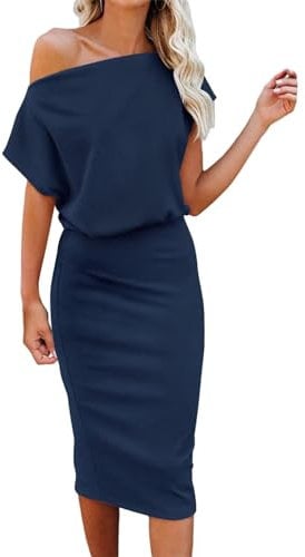 Dressmine Ladies Petite Dresses Short Sleeve Summer Off Shoulder Evening Party Wear Long Dress Navy Blue Medium