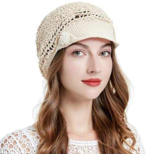 ZLYC Damen Sommer Slouchy Häkelmütze Visoren Handgemacht Häkelmütze Visor(Festes Beige)