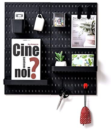 L'essentiel Lot complet de 4 panneaux perforés pour maison et bureau - 56 x 56 cm (4 panneaux de 28 x 28 cm) et accessoires - Blanc ou noir (Noir, 4 panneaux)
