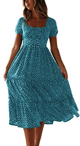 Colisha Womens Short Puff Sleeve Square Neck Floral Midi Dresses Flared Flowy Chiffon Maxi Dress Summer Beach Holiday Sundress M Blue