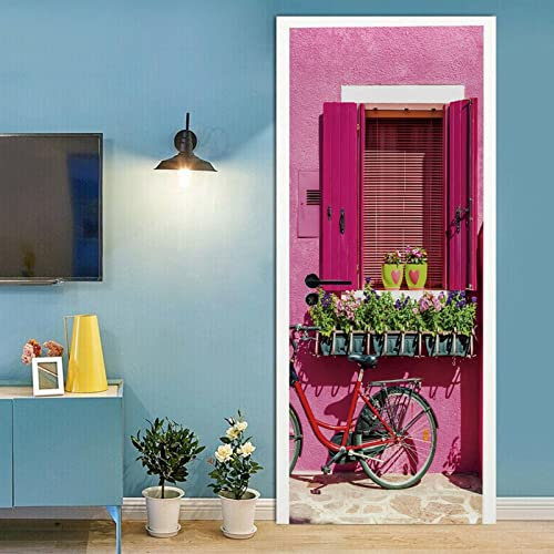 A.Monamour Türtapete Selbstklebend Türfolie Türposter 3D Ein Rosa Fenster Mit Blumen Auf Der Venezianischen Insel Burano In Italien Vinyl Folie Türdeko Tapete Wandbild Türaufkleber 95 x 215 cm