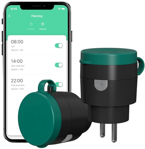SURNICE Prise connectée extérieure - 10A Type E IP44, prise intelligente WiFi programmable, compatible Alexa et Google Assistant, Minuterie extérieure, contrôle vocal et contrôle à distance, 2 Pack