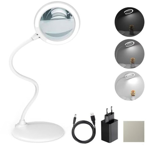 DUDSOEHO 3-fache Lupe mit licht und Ständer - Handfreie Touch-dimmbare Lupe mit LED-Licht für Arbeit, Lesen, Hobbys, Nähen, Basteln (Weiß)