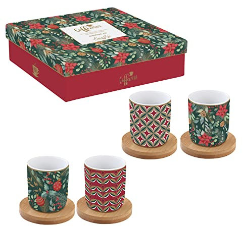 Easy Life Christmas Joy Set mit 4 Kaffeetassen, 110 ml, Porzellan mit Untertasse aus Bambus