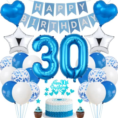 Jrzyhi 30. Geburtstag Dekoration,Blau Tortendeko Geburtstag 30 Jahre Männer,Party Deko Silber,30 Geburtstag Frauen Männer,Tortendeko 30. Geburtstag Mann Frauen,Geburtstagsdeko 30 Jahre Mann Frauen