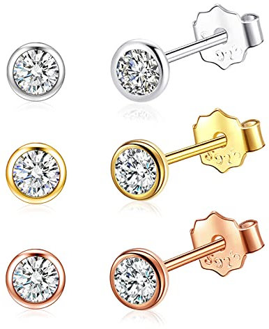 Kleine Ohrstecker Sterling Silber 925 Vergoldet Ohrringe Set für Damen Herren 3mm Mini Zirkonia Ohrringe Stecker Silber 925 klein