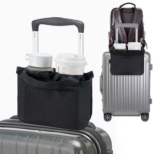 Multifunctional Luggage Travel Cup Holder for Suitcases Free Hand Drink Caddy Fits Suitcase Handles, Also, as an Automotive and Stroller Cup Holder, Travel Accessories (Black)