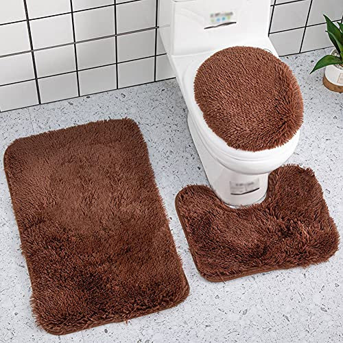 Reyox Badvorleger Set 3 Teilig, Weiche Hochflor Badematte rutschfest, Mikrofaser Flauschig Badteppich für Toilett WC Badezimmer Braun 3 STK