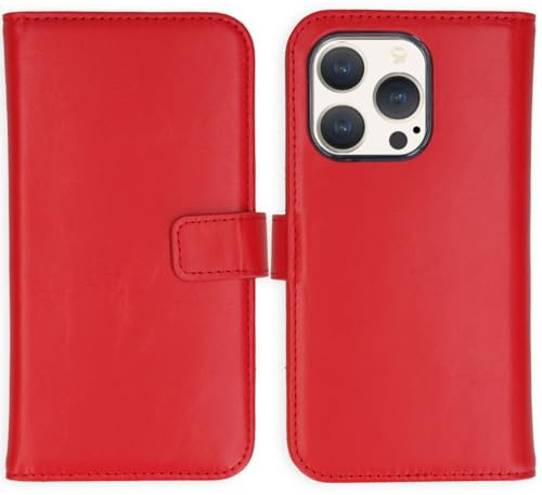 SELENCIA Bookcase Hülle kompatibel mit iPhone 15 Pro – Era Leder Handytasche Side Flip Case – Handyhülle aus Rindsleder in Rot [3 Kartenfächer, Magnetverschluss]