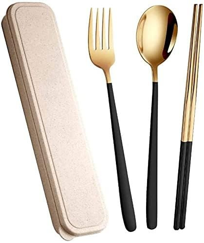 BebeXi Bacchette Sushi Bacchette Cinesi Bacchette Set di cucchiai Portatili riutilizzabili in Acciaio Inossidabile Stoviglie in Tre Pezzi per Adulti