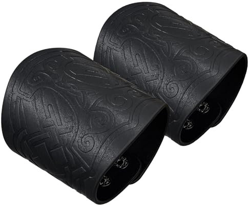 HiiFeuer 2 Stück Wikinger geprägte Kunstleder Manschette Armband, Nordischem Retro Cuff Bracelet Armbänder, Nordic Mjolnir Vegvisir Muster Manschette Armreif Wristband (Mjolnir Schwarz)