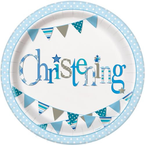 Unique 52055EU Eco-Friendly Paper Plates-23 cm-Blue Bunting Christening-8 Count (Pack of 1), Multicolour
