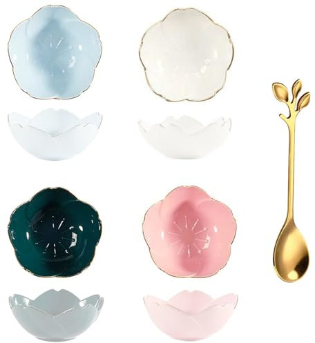 Winlauyet 4 Pcs Ceramic Sauce Dishes Dip Bowls with Spoon Sakura-Shape Mini Bowl Set Cherry Blossom Dish Tableware Sushi Soy Dishes for Snack Appetizer Dessert
