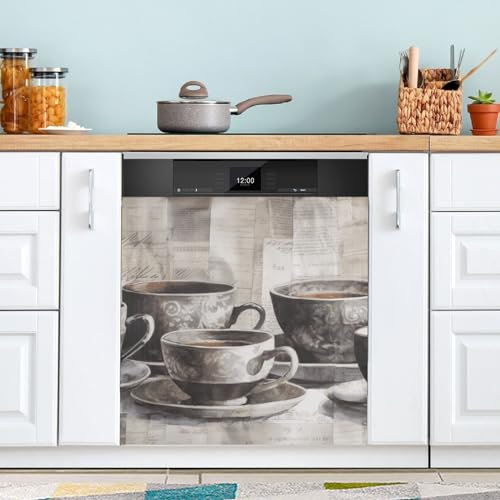 GAIREG Cubierta magnética para lavavajillas, tablero de madera retro, taza de café, lavavajillas, cubierta frontal magnética para puerta de refrigerador, decoración magnética, 23 x 26 pulgadas