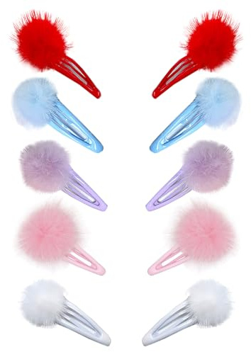 Bunte Pompon-Haarspangen, Haarklammern, Haarklammern, Krokodil-Haarspangen mit Bommel, Haarschmuck für Mädchen und Kleinkinder, 10 Stück