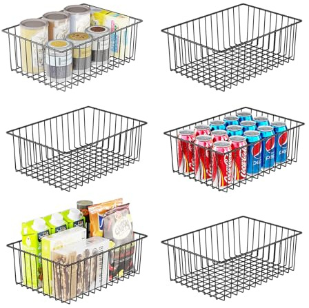 Simple Trending 6 Pack Large Wire Baskets for Organization, Metal Pantry Storage Baskets for Cabinet, Kitchen, Garage, Bathroom, Black