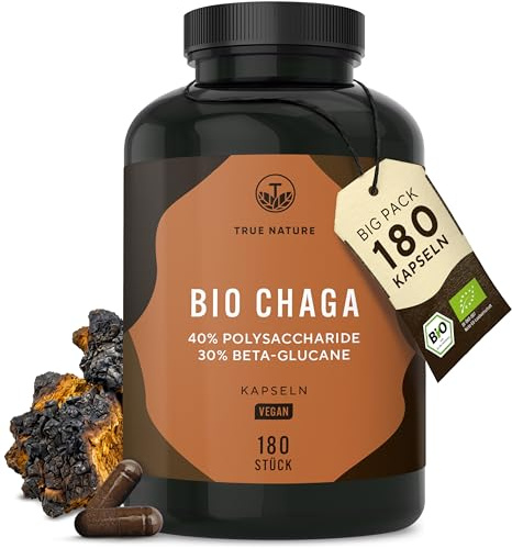 TRUE NATURE BIO Chaga Pilz - Extrakt (10:1) - 12.000mg/Tag - 180 Kapseln | 40% Polysaccharide, 30% Beta-Glucane, Schiefer Schillerporling - vegan, laborgeprüft & in Deutschland produziert