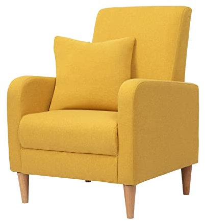 COLAMY Sessel Wohnzimmer Einzelsofa für Schlafzimmer, Moderner Gepolsterter Akzentstuhl mit Kissen, Stoff Leseecke Seitenstuhl mit Weicher Memory-Schaum Loungesitz und Holzbeinen, Gelb