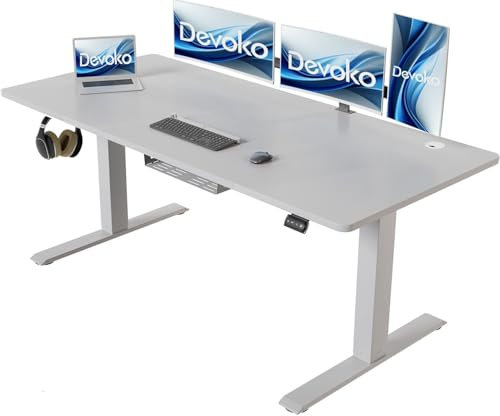Devoko Höhenverstellbarer Schreibtisch 140 x 60 cm mit Kabelwanne, Elektrisch Höhenverstellbarer Stabiler Stehpult, Computertisch 2-Funktions-Memory, Ergonomischer Steh-Sitz Tisch (Grau)