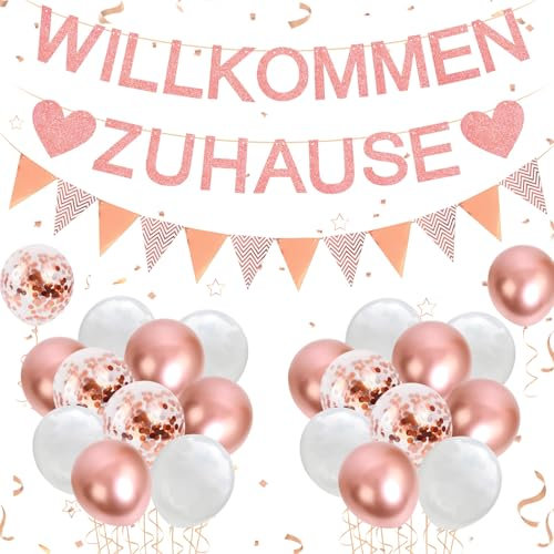 YSUVIN Willkommen Zuhause Deko, Herzlich Willkommen Girlande, 1 Willkommen Zuhause Banner, 1 Triangular Flag Banner, 20 Luftballons für Zuhause, Hochzeit, Einweihungsparty, Roségold