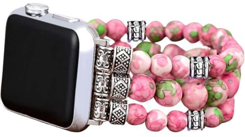 Somesmae Boho Beaded Bracelets Watch Bands Compatible with Apple Watch Band 38mm 40mm 41mm 42mm(S10) for Women Pink Beads Stone Elastic Stretchy Handmade Strap for iWatch Series 10 9 8 7 6 5 4 3 2 SE