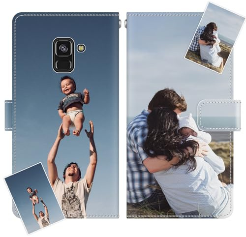 JGOYGYI Personalisierte Leder Handyhülle kompatibel mit Samsung Galaxy A5 2018/A8 2018,Individuelle Eigenem Foto Bild Text Bildern Foldable Flip Klapphüllen Case hülle+Handykette