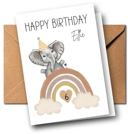 Personalisierte Kinder Glückwunschkarte zum 1. 2. 3. 4. 5. 6. 7. usw. Geburtstag Grußkarte Geburtstagskarte Faltkarte Kindergeburtstag mit Name verschiedene Tiermotive Boho Regenbogen (Elefant)