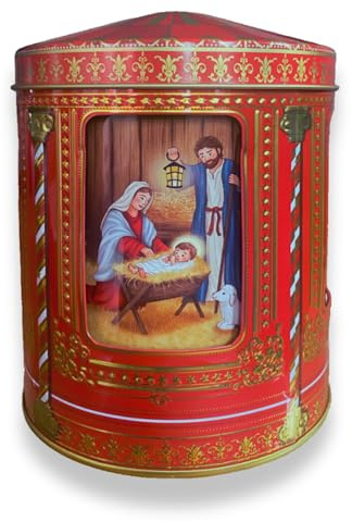 MediMuc Weihnachtskrippe Spieluhrdose - Dose, Gebäckdose, Aufbewahrungsdose, Keksdose, Blechdose - lebensmittelecht - Maße ØxH: 12,0cm x 16,0cm - Vol. 0,75l