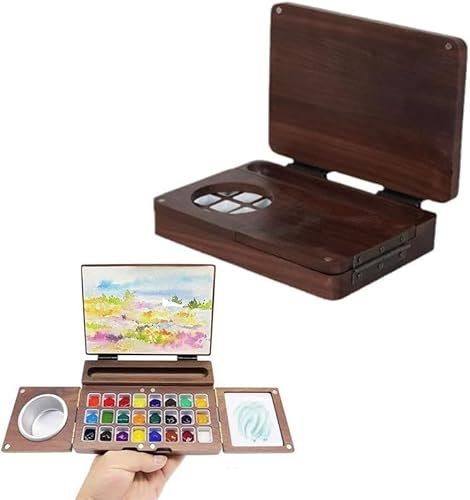 Skizzenbuch Palette aus Walnuss, Tragbare Aquarellfarben Palette, Reise Wasserfarbkasten, Zusammenklappbar Tuschkasten, Aquarell Travel Set für Aquarell-, Gouache-, Acryl- und Ölmalerei (24 Raster)